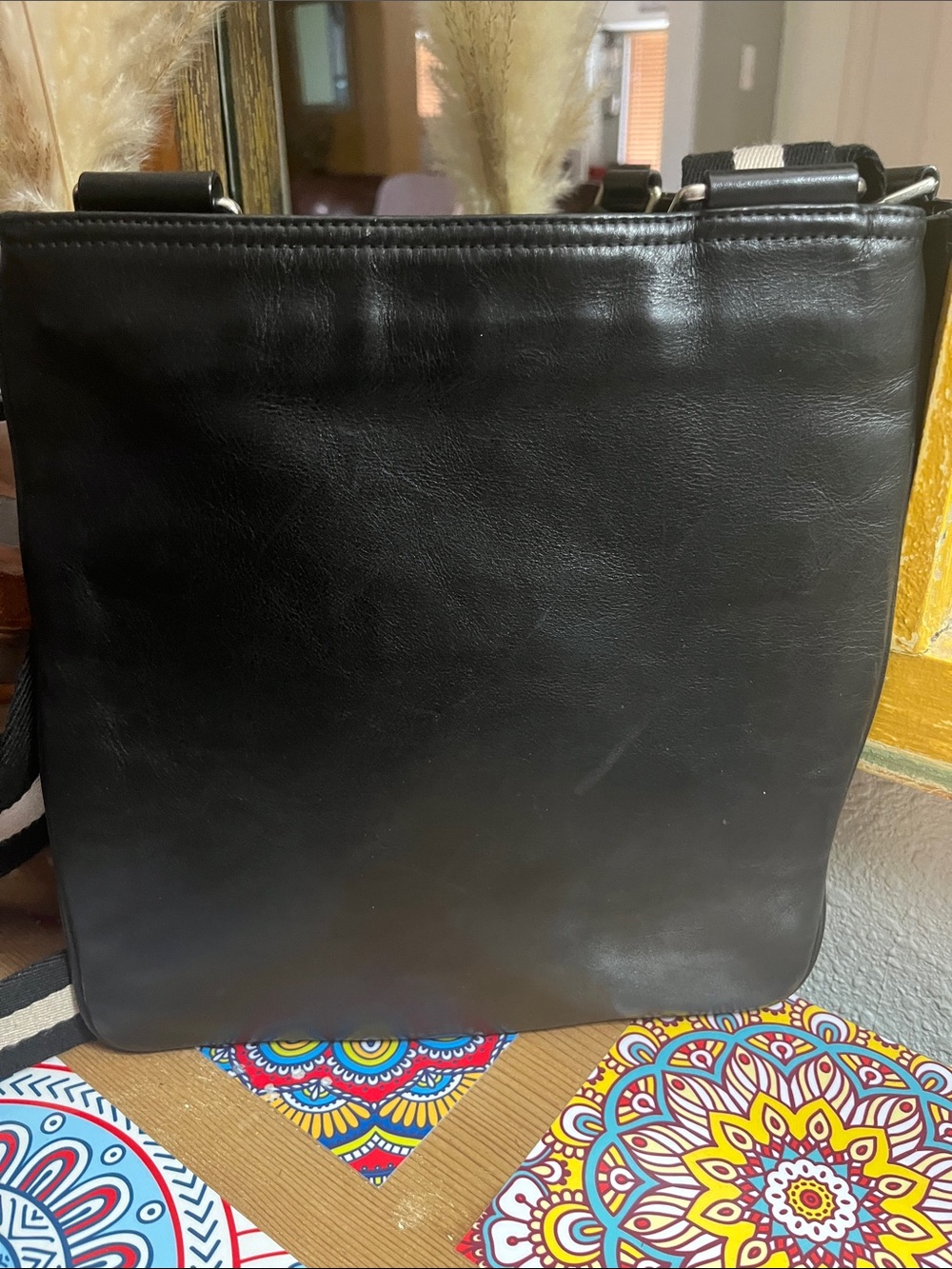 Bally Black Leather Messenger Bag with Cream-Striped Strap - Picture 2 of 12